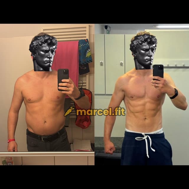 Two side-by-side mirror selfies showing a fitness transformation. Both faces are replaced with a statue's face.
