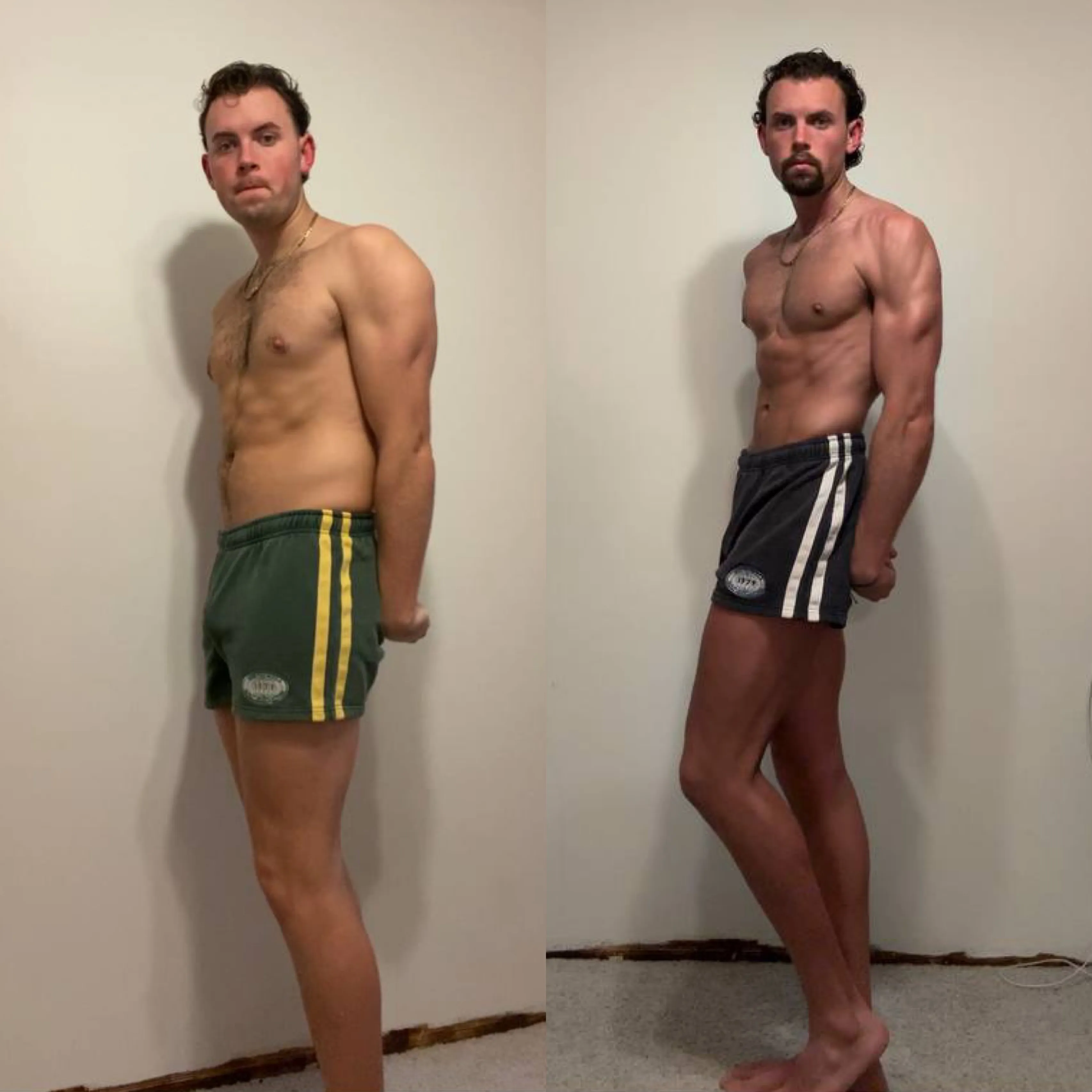 Two side-by-side images of a shirtless man, before and after fitness transformation, showing increased muscle definition and changed physique.