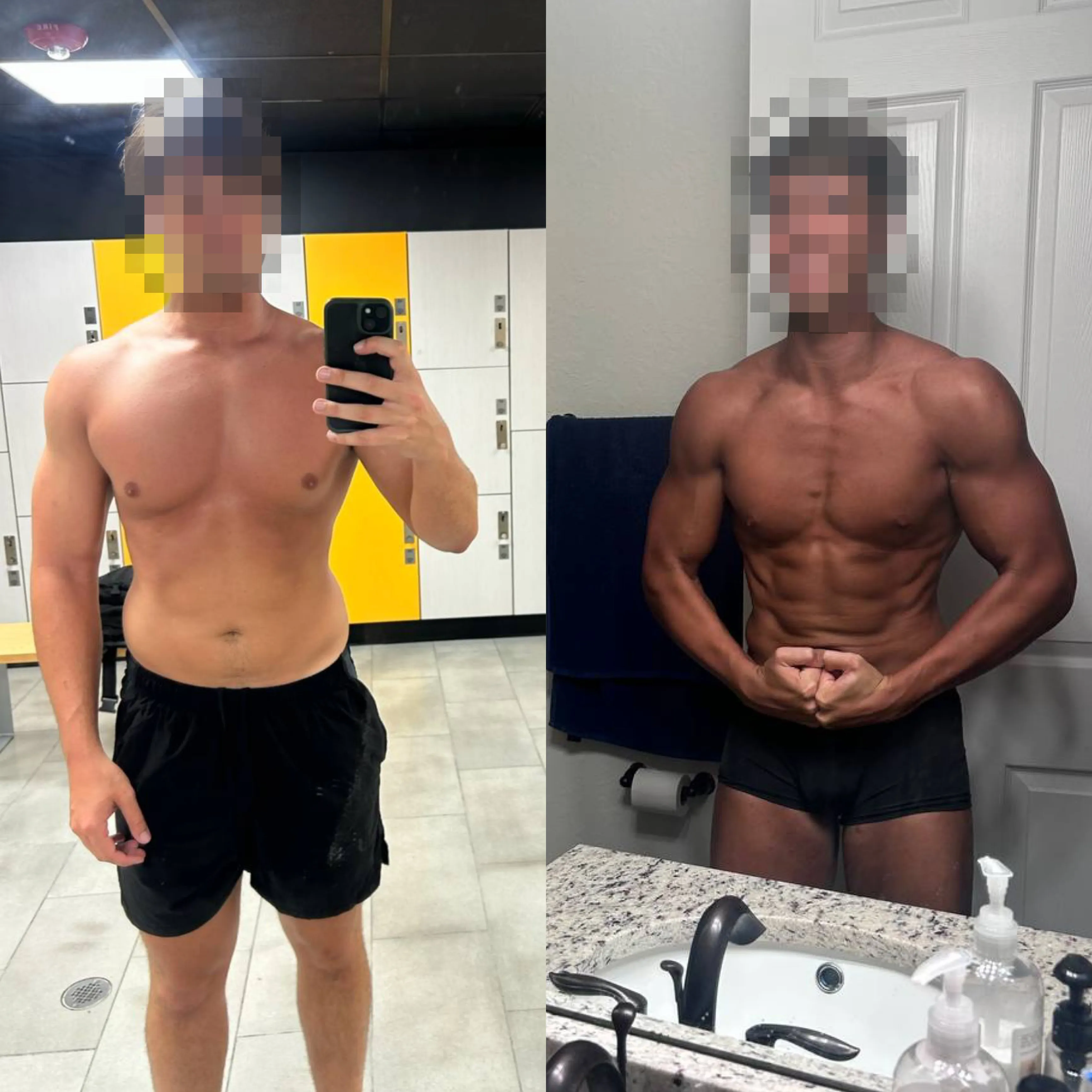 Before and after fitness transformation photos, showing increased muscle definition and reduced body fat. Faces are pixelated for privacy.