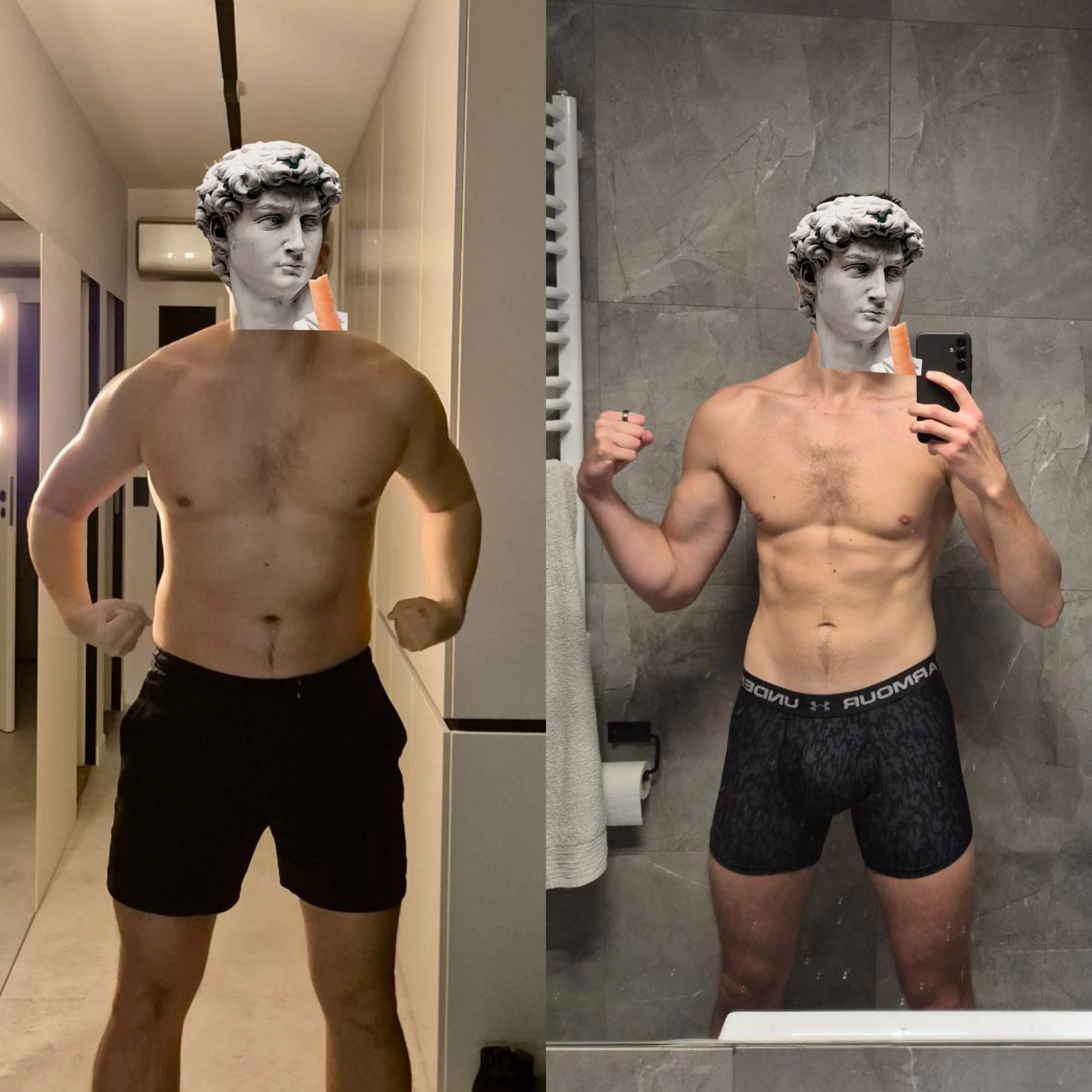 Two side-by-side images of a shirtless man in shorts with David statue face-overlays, posing in a bathroom mirror, showing fitness progress.