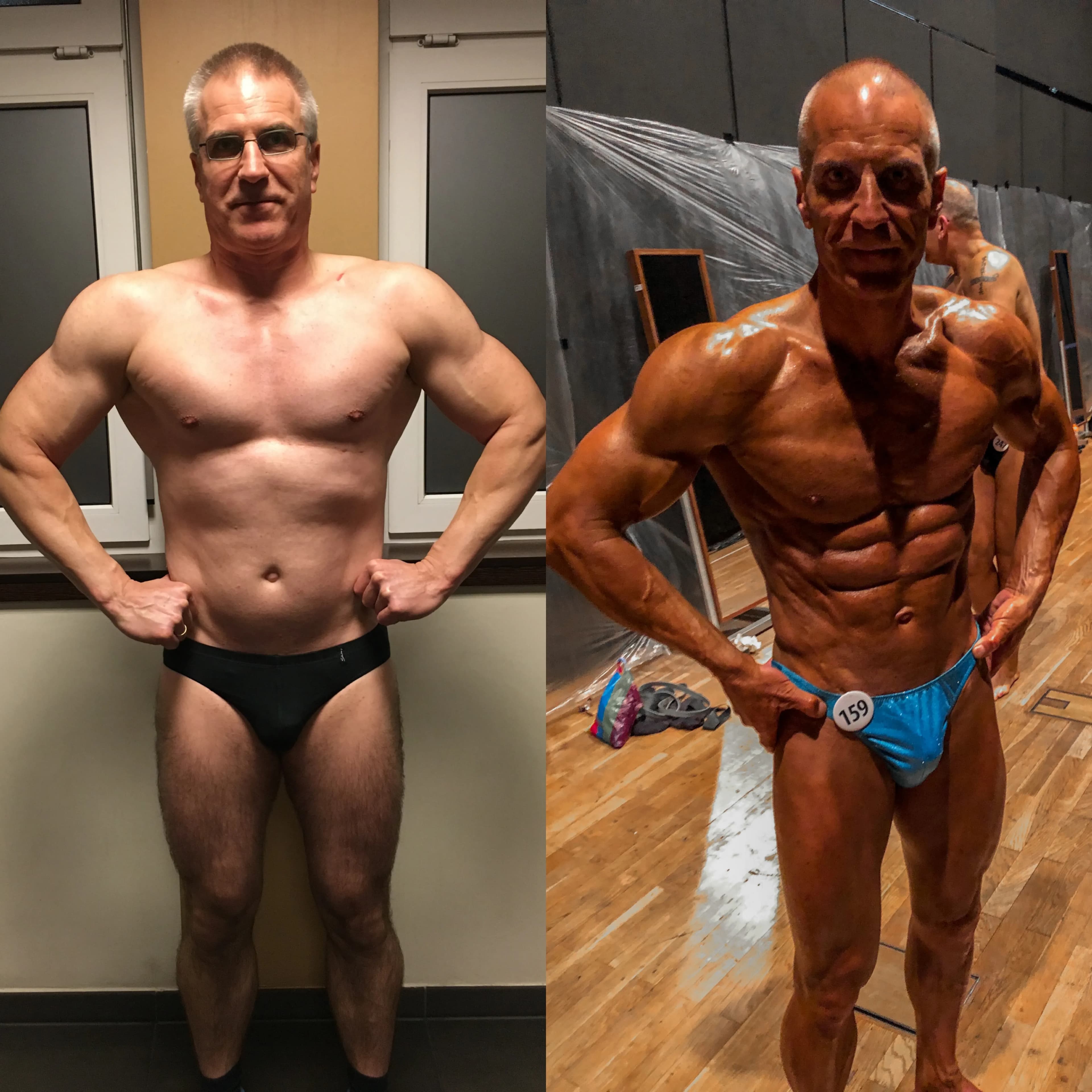 Side-by-side comparison of a man before and after bodybuilding training, showing significant muscle definition and tan in the after image.
